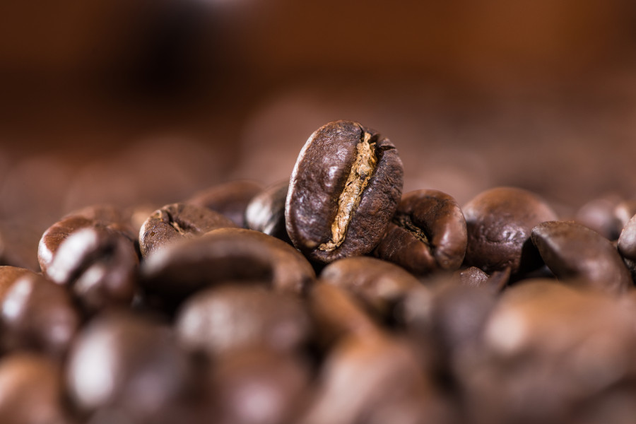 Kaffeebohne Nahaufnahme gerösteter Kaffeebohnen, eine Bohne scharf im Fokus.